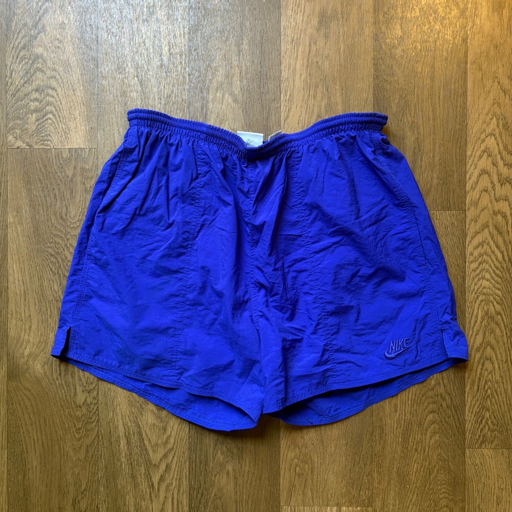 Vintage 1990's Nike Sportswear Red Label Blue Nylon Embroidered Logo Gym Shorts